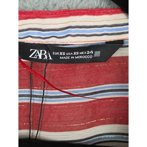 Zara Womens Top Sheer Striped Button Down  XS Red White Blue LS Patriotic Blouse - Picture 8 of 8